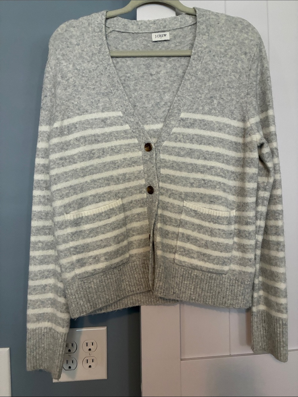 J. Crew Gray and White Striped V‑Neck Button Cardigan
